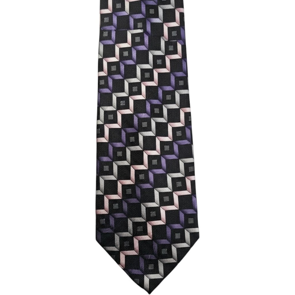 Kilburne and Finch Mens Silk Necktie Geometric 3D Cube Purple Pink Black